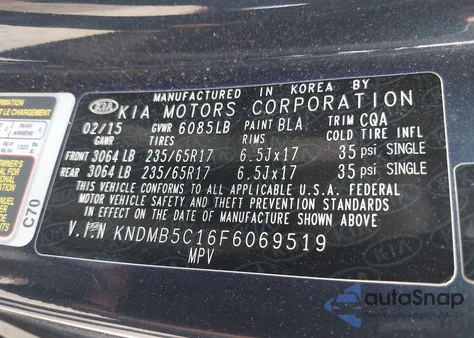 2015 Kia Sedona Lx из США, поврежденный, VIN KNDMB5C16F6069519